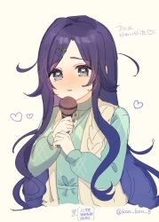 1girl bangs_pinned_back blue_eyes blue_hair blue_sweater blush cable_knit casual cropped_torso hair_ornament hairclip heart heart-shaped_pupils highres holding holding_microphone ima_(kon_kon_5) kimi_no_koto_ga_dai_dai_dai_dai_daisuki_na_100-nin_no_kanojo long_hair looking_at_viewer messy_hair microphone minamoto_shizuka music nose_blush official_alternate_costume official_alternate_hairstyle open_mouth parted_bangs raised_eyebrows scene_reference side_ahoge sidelocks simple_background singing solo sweater symbol-shaped_pupils very_long_hair wavy_hair yellow_background