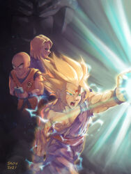Rule 34 | 1girl, 3boys, android 18, aura, black eyes, blonde hair, blood, blue eyes, cell (dragon ball), dragon ball, green eyes, highres, kamehameha (dragon ball), kuririn, lightning, multiple boys, muscular, muscular male, nervous, scratches, serious, son gohan, spiked hair, super saiyan, super saiyan 2, torn clothes