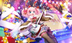 1girl :d animal_ears artist_request black_kimono black_sleeves black_thighhighs blue_eyes bow bowtie box christmas_ornaments christmas_tree feet_out_of_frame fur-trimmed_kimono fur-trimmed_sleeves fur_trim gift gift_box gloves hair_bow hair_ornament hairpin holding holding_instrument instrument japanese_clothes kimono layered_skirt mouse_ears mouse_girl mouse_tail music official_art open_mouth pink_hair playing_instrument red_bow red_bowtie scaffolding shamisen short_hair short_twintails show_by_rock!! skirt sleeveless sleeveless_kimono smile snowflakes solo sparkle speaker stage stage_lights standing tail tail_bow tail_ornament thighhighs third-party_source twintails un_(show_by_rock!!) white_gloves