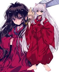 Rule 34 | 1boy, alternate form, animal ears, barefoot, bead necklace, beads, black hair, closed mouth, dog ears, grey hair, highres, holding, holding sword, holding weapon, inuyasha, inuyasha (character), japanese clothes, jewelry, kimono, long hair, long sleeves, looking at viewer, male focus, multiple views, necklace, red eyes, red kimono, rumic 0620, sword, very long hair, weapon, white background, wide sleeves, yellow eyes