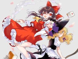 2girls :d apron ascot black_hat black_shoes black_skirt black_vest blonde_hair bow braid broom broom_riding brown_eyes brown_hair closed_mouth commentary detached_sleeves frilled_bow frilled_hair_tubes frills gohei grey_background hair_between_eyes hair_bow hair_tubes hakurei_reimu hat hat_bow highres holding holding_gohei kirisame_marisa kneehighs long_hair long_sleeves looking_at_viewer mahjong mahjong_tile multiple_girls open_mouth poprication puffy_short_sleeves puffy_sleeves purple_bow red_bow red_ribbon red_shirt red_skirt ribbon ribbon-trimmed_sleeves ribbon_trim shirt shoes short_sleeves single_braid skirt sleeveless sleeveless_shirt smile socks symbol-only_commentary touhou vest waist_apron white_apron white_shirt white_sleeves white_socks wide_sleeves witch_hat yellow_ascot yellow_eyes