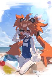 Rule 34 | 1girl, absurdres, ball, blush, cloud, commentary, day, erifan0, flat chest, food, highres, koleda belobog, long hair, one-piece swimsuit, outdoors, school swimsuit, sky, solo, swimsuit, symbol-only commentary, twintails, v, zenless zone zero