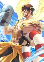 Rule 34 | 1boy, antlers, black male swimwear, brown hair, deer antlers, dumbbell, eikthyrnir (fire emblem), eikthyrnir (summer) (fire emblem), fire emblem, fire emblem heroes, gloves, hair tuft, highres, holding, holding dumbbell, holding swim ring, horns, innertube, male focus, male swimwear, mask, mouth mask, muscular, muscular male, nintendo, official alternate costume, riou (pooh920), swim ring