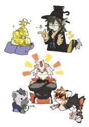 1girl 5boys aak_(arknights) absurdres animal_ears black_hair black_scales cat_boy cat_ears cat_nose colored_tips commentary_request crossed_arms dragon_boy dragon_ears english_text furry furry_female furry_male grey_fur highres hung_(arknights) hyena_boy hyena_ears komainu_boy komainu_ears lee_(arknights) looking_at_another luo_xiaohei luo_xiaohei_(cat) luo_xiaohei_zhanji multicolored_hair multiple_boys orange_hair sitting spot_(arknights) spot_(professional)_(arknights) tiger_ears tiger_girl tiger_stripes waai_fu_(arknights) white_background yo_kai_kuroxman
