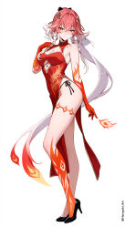 1girl alternate_costume artist_name black_panties black_shrug changli_(wuthering_waves) china_dress chinese_clothes cleavage_cutout clothing_cutout colored_extremities commentary contrapposto copyright_notice dress english_commentary from_side full_body hair_extensions haruyuki_(karem) high_heels high_ponytail highres long_hair looking_at_viewer looking_to_the_side multicolored_hair orange_hair panties pelvic_curtain pink_hair ponytail red_dress red_hands ring_hair_extensions shrug_(clothing) side-tie_panties side_slit simple_background sleeveless sleeveless_dress smile solo standing tacet_mark_(wuthering_waves) tachi-e two-tone_hair underboob_cutout underwear very_long_hair white_background white_hair wuthering_waves