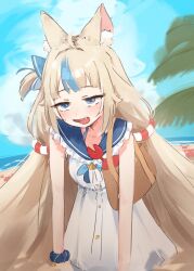 Rule 34 | 1girl, ahoge, animal ear fluff, animal ears, bag, bare arms, beach, blonde hair, blue eyes, blue hair, blue sailor collar, blue sky, cloud, commentary, crab, day, dress, english commentary, fang, frilled sailor collar, frills, highres, hot, indie virtual youtuber, innertube hair ornament, long hair, looking at viewer, low twintails, malvar, multicolored hair, one side up, open mouth, outdoors, palm tree, sailor collar, sailor dress, sameko saba, sharp teeth, sky, solo, streaked hair, sweat, teeth, tree, twintails, two-tone hair, very long hair, virtual youtuber, white dress