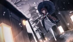 1girl absurdres black_hair commission frilled_kimono frills geta highres holding holding_umbrella japanese_clothes kimono long_hair maid miyu_(miy_u1308) original pantyhose pixiv_commission red_eyes snowing umbrella white_pantyhose