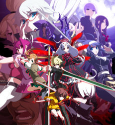 6+boys 6+girls ahoge black_hair blonde_hair box_art brown_hair byakuya_(under_night_in-birth) carmine_(under_night_in-birth) chaos_(under_night_in-birth) dual_wielding everyone french-bread full_moon glasses gordeau_(under_night_in-birth) green_eyes hilda_(under_night_in-birth) holding huge_ahoge huge_weapon kido_hyde knife linne_(under_night_in-birth) merkava_(under_night_in-birth) midriff moon multicolored_hair multiple_boys multiple_girls nanase_(under_night_in-birth) official_art orie_ballardiae_harada purple_eyes purple_hair rapier red-framed_eyewear red_eyes reverse_grip school_uniform scythe semi-rimless_eyewear short_hair smile sword tsukuyomi_(under_night_in-birth) twintails two-tone_hair under-rim_eyewear under_night_in-birth vatista_(under_night_in-birth) waldstein_(under_night_in-birth) weapon white_hair yoshihara_seiichi yuzuriha_(under_night_in-birth)