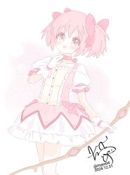 Rule 34 | 1girl, bow, bow (weapon), chame (myyo04), choker, cowboy shot, dated, dress, frilled dress, frills, gloves, hair bow, holding, holding bow (weapon), holding weapon, kaname madoka, kaname madoka (magical girl), looking at viewer, mahou shoujo madoka magica, mahou shoujo madoka magica (anime), parted lips, pink bow, pink choker, pink dress, pink eyes, short hair, signature, simple background, smile, solo, twintails, weapon, white background, white gloves