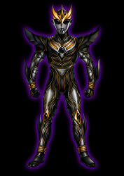 1boy abs absurdres alien alternate_design armor aura black_armor black_background black_eyes black_gauntlets black_gemstone black_skin breastplate clenched_hands color_timer colored_skin commentary compound_eyes crossover dorsal_fin forehead_jewel full_body fusion gauntlets gold_horns gold_trim highres horns kamen_rider kamen_rider_kuuga kamen_rider_kuuga_(series) kamen_rider_kuuga_(ultimate_form) knee_pads legs_apart looking_at_viewer male_focus multicolored_skin muscular muscular_male neofrontier outline pectorals purple_aura shoulder_armor shoulder_pads silver_skin simple_background solo spikes stag_beetle standing tokusatsu trait_connection ultra_series ultraman_tiga ultraman_tiga_(series) ultraman_tiga_(tiga_dark)