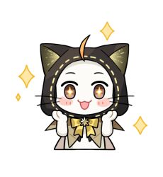 +_+ ahoge animal animal_focus artist_request black_cloak blush_stickers bow bowtie brooch brown_capelet brown_eyes capelet cat cloak clothed_animal cropped_torso ear_covers excited hood hood_up hooded_capelet infinity_nikki jewelry momo_(nikki) nikki_(series) no_humans official_alternate_costume official_art open_mouth ribbon-trimmed_hood smile sparkle sparkling_eyes star_brooch straight-on transparent_background whiskers white_cat yellow_bow yellow_bowtie