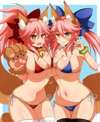 2girls afuro animal_ears animal_hands bell bikini black_legwear blue_bikini blush breast_press breasts cat_paws cleavage closed_mouth collar collarbone commentary_request dual_persona fangs fate/grand_order fate_(series) fox_ears fox_shadow_puppet fox_tail gloves groin hair_ribbon jingle_bell large_breasts long_hair looking_at_viewer multiple_girls navel neck_bell open_mouth paw_gloves paw_shoes pink_hair ponytail ribbon shoes side-tie_bikini_bottom swimsuit symmetrical_docking tail tamamo_(fate) tamamo_cat_(fate) tamamo_no_mae_(fate) white_legwear yellow_eyes