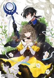 1boy 1girl black_choker black_coat black_frills black_gloves black_hair blue_collar bow braid brown_corset brown_eyes brown_hair choker coat collar corset cover cover_page dress earrings flower frills gloves hair_bow highres holding holding_staff jewelry layered_dress long_sleeves looking_at_viewer official_art original own_hands_clasped own_hands_together red_bow shiromine_kana single_earring staff twin_braids white_background white_dress white_flower yellow_dress yellow_eyes