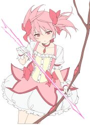 1girl arrow_(projectile) bow_(weapon) bubble_skirt center_frills choker closed_mouth cowboy_shot dark_background dress expressionless floating_hair frilled_dress frills gloves hair_between_eyes highres kaname_madoka kaname_madoka_(magical_girl) looking_down magical_girl mahou_shoujo_madoka_magica mahou_shoujo_madoka_magica_(anime) pink_choker pink_dress pink_hair puffy_short_sleeves puffy_sleeves rakugaki_ningen red_eyes redrawn short_sleeves short_twintails simple_background skirt solo soul_gem twintails weapon white_background white_gloves