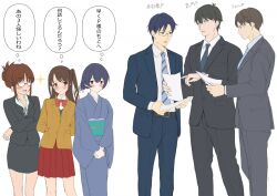 3boys 3girls akizuki_ritsuko arms_behind_back belt blazer blue_hair blue_kimono blue_necktie blush bow brown_eyes brown_hair business_suit character_name closed_mouth commentary_request crossed_arms folded_ponytail formal_clothes glasses hair_bun height_difference highres holding holding_paper idolmaster idolmaster_(classic) idolmaster_cinderella_girls idolmaster_shiny_colors jacket japanese_clothes kimono long_hair long_sleeves morino_rinze multiple_boys multiple_girls nakonako necktie no_mouth obi one_side_up open_mouth own_hands_together pants paper pencil_skirt pleated_skirt producer_(idolmaster) producer_(idolmaster_anime) producer_(idolmaster_cinderella_girls_anime) producer_(idolmaster_shiny_colors_anime) red_bow red_eyes red_skirt sash shimamura_uzuki short_hair simple_background single_hair_bun skirt sparkle speech_bubble standing striped_necktie suit talking thought_bubble translation_request white_background