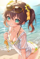 Rule 34 | 1girl, 4kimizuki, absurdres, ahoge, alternate costume, alternate hairstyle, aqua eyes, ass, beach, bikini, bikini under clothes, breasts, brown hair, cleavage, clothes pull, commentary request, day, eyewear on head, flower, front-tie bikini top, front-tie top, grin, hair between eyes, hair ribbon, halterneck, highres, hololive, leaning forward, looking at viewer, medium breasts, medium hair, natsuiro matsuri, outdoors, print bikini, ribbon, shirt, shirt pull, smile, solo, sunglasses, swimsuit, t-shirt, twintails, virtual youtuber, wet, wet clothes, wet shirt, white shirt, yellow bikini