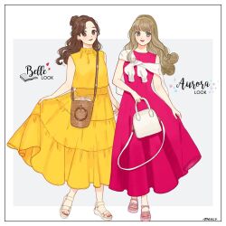 Rule 34 | animification, aurora (disney), beauty and the beast (disney), belle (disney), blonde hair, blue eyes, brown eyes, brown hair, company connection, dress, hairband, jewelry, long hair, looking at viewer, makeup, meecosme, multiple girls, simple background, sleeping beauty (disney), smile, yellow dress
