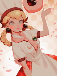 1girl bellhenge blonde_hair blue_eyes blush braid braided_hair_rings dress earrings hair_rings holding holding_pastry_bag jewelry long_hair looking_at_viewer mario_(series) nintendo official_alternate_costume official_alternate_hairstyle pastry_bag patissiere_peach princess_peach princess_peach:_showtime! puffy_short_sleeves puffy_sleeves short_sleeves solo sphere_earrings