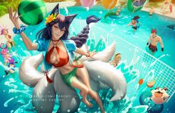 1other 4boys 4girls ahri_(league_of_legends) alternate_costume animal_ear_fluff animal_ears artist_name ball bikini black_bikini black_gloves black_hair black_hairband black_shorts blonde_hair blue_scrunchie blue_shirt braid braided_ponytail breasts brown_bikini character_request cleavage coconut_cup collarbone commentary cropped_shirt english_commentary facial_mark fingerless_gloves flower fox_ears fox_girl fox_tail full_body gloves green_sarong hair_flower hair_ornament hairband hand_up jumping kitsune league_of_legends looking_at_object lux_(league_of_legends) male_swimwear medium_breasts mermaid monster_girl multiple_boys multiple_girls multiple_tails muscular muscular_male nami_(league_of_legends) navel neeko_(league_of_legends) o-ring o-ring_top one-piece_swimsuit outdoors pool poro_(league_of_legends) puffy_short_sleeves puffy_sleeves purple_hair purple_one-piece_swimsuit red_bikini red_eyes red_hair red_shorts sarong scrunchie sett_(league_of_legends) shirt short_sleeves shorts solo_focus splashing stomach swim_ring swim_trunks swimsuit tail volleyball_(object) wading water_volleyball watermark web_address wrist_scrunchie zarory