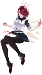 1girl absurdres arknights belt black_belt black_pantyhose black_sleeves closed_mouth clothes_writing commentary exusiai_(arknights) full_body hair_over_one_eye halo highres invisible_chair jacket light_smile looking_at_viewer one_eye_covered orange_eyes pantyhose pink_hair short_hair short_sleeves simple_background sitting solo takiren white_background white_jacket yellow_halo