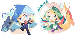2boys :d absurdres blue_eyes blue_hair character_name chibi commentary_request gen_3_pokemon green_eyes green_hair green_shirt grin hat highres holding holding_poke_ball jacket jewelry kado_51 legs_apart long_sleeves male_focus metagross milotic multiple_boys nintendo no_pupils open_mouth pants poke_ball poke_ball_(basic) pokemon pokemon_(creature) pokemon_rse purple_pants ring shirt shoes short_hair smile sparkle steven_stone teeth tongue wallace_(pokemon) white_footwear white_hat