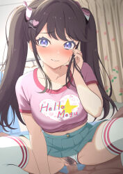 1boy 1girl absurdres aqua_skirt blush breasts brown_hair clothed_sex clothing_aside commentary cowgirl_position female_pubic_hair fujishima_megumi hair_ornament hairclip heisei_retro hetero highres indoors jojifuku large_breasts link!_like!_love_live! long_hair looking_at_viewer love_live! panties panties_aside penis pink_shirt print_shirt pubic_hair purple_eyes sex shirt short_sleeves skirt smile solo_focus spread_legs straddling twintails underwear vaginal virtual_youtuber white_panties zanpon