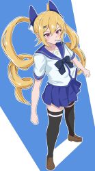 Rule 34 | black bow, black bowtie, black thighhighs, blonde hair, blue bow, blue sailor collar, blue sky, bow, bowtie, brown shoes, cinderella series, drill hair, enukee, full body, hachigatsu no cinderella nine, hair bow, hair ornament, hairclip, highres, kousaka tsubaki, loafers, lollipop in mouth, long hair, miniskirt, pleated skirt, red eyes, sailor collar, school uniform, serafuku, shirt, shoes, short sleeves, skirt, sky, standing, thighhighs, twin drills, white shirt