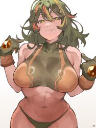 1girl armpit_crease artist_name bare_arms bare_shoulders blonde_hair boku_no_hero_academia breasts closed_mouth commentary_request cowboy_shot crop_top fukuya_art gloves gradient_background green_eyes green_gloves green_hair green_panties green_shirt grey_background hagakure_toru hair_between_eyes half-closed_eyes halter_shirt halterneck hands_up highres large_breasts long_hair looking_at_viewer multicolored_hair navel official_alternate_costume orange_hair panties pointing pointing_at_self shirt sleeveless sleeveless_shirt smile solo standing stomach streaked_hair two-tone_gloves two-tone_shirt underwear unusually_visible wavy_hair white_background yellow_gloves yellow_shirt