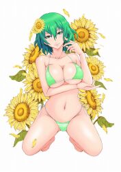 Rule 34 | 1girl, bikini, breasts, flower, full body, green bikini, green eyes, green hair, highres, kazami yuuka, kneeling, large breasts, looking at viewer, navel, smile, solo, sunflower, swimsuit, touhou, yamada satoshi