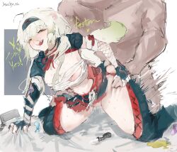 1boy 1girl ahoge animal_ears areola_slip armor artist_name bandaged_arm bandaged_chest bandages breasts clothed_female_nude_male condom cum ejaculation english_text female_ejaculation ferret_ears ferret_girl ferret_tail fishnet_gloves fishnets gloves gradient_hair gradient_tail green_eyes green_hair green_tail guided_thigh_grab hair_between_eyes hairband heart highres internal_cumshot laimu_(vtuber) laimu_(vtuber)_(huntress) monster_hunter_(character) monster_hunter_(series) motion_blur motion_lines multicolored_hair multicolored_tail nargacuga_(armor) nipple_slip nipples nude scale_armor sex sex_from_behind signature snuzby sweat tail thigh_grab thighhighs torogao twintails two-tone_hair two-tone_tail used_condom vinesauce virtual_youtuber white_hair white_tail