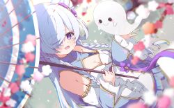 1girl bare_shoulders blue_hair blue_umbrella blurry blurry_background blurry_foreground blush bow braid breasts byouinzaka_rei cherry_blossoms chinese_clothes cleavage cleavage_cutout clothing_cutout commission depth_of_field detached_sleeves double_bun dress dutch_angle flower frilled_sleeves frills ghost hair_bow hair_bun hair_ornament hair_over_one_eye highres holding holding_umbrella long_hair long_sleeves looking_at_viewer medium_breasts oil-paper_umbrella one_eye_covered open_mouth petals project-sp purple_bow purple_eyes shiro9jira skeb_commission smile solo twin_braids umbrella virtual_youtuber white_dress wide_sleeves