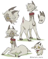 Rule 34 | 1girl, absurdres, animal, animal collar, animal ears, animal hands, bell, blonde hair, centauroid, collar, colored eyelashes, cowbell, dark-skinned female, dark skin, goat, goat ears, goat girl, goat horns, highres, hooves, horizontal pupils, horns, monster girl, multiple views, neck bell, original, short hair, simple background, taur, torori toro (oimo kenpi), white background, white eyelashes, yellow eyes
