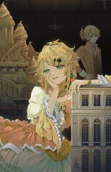 1boy 1girl absurdres aku_no_meshitsukai_(vocaloid) aku_no_musume_(vocaloid) allen_avadonia arm_rest ascot bare_shoulders birthday_cake black_flower black_rose blonde_hair blue_eyes blue_gemstone bow breasts brooch brother_and_sister brown_vest cake chandelier cheek_squash choker coat collarbone collared_coat collared_jacket collared_shirt doll_house dress dress_flower earrings evillious_nendaiki eyelashes flower flower_choker food frilled_choker frilled_dress frilled_sleeves frills gem hair_between_eyes hair_ornament hair_over_one_eye hairclip hand_on_own_cheek hand_on_own_face high_ponytail highres holding holding_sword holding_weapon imagining jacket jewelry kagamine_len kagamine_rin kazuriae looking_up off-shoulder_dress off_shoulder orange_bow orange_coat orange_jacket orange_ribbon palace parted_lips petticoat ponytail red_gemstone ribbon riliane_lucifen_d&#039;autriche rose shirt short_ponytail siblings sidelocks sideways_glance small_breasts stomacher swept_bangs sword twins unamused updo vest vocaloid wavy_hair weapon white_shirt yellow_choker yellow_dress yellow_flower yellow_rose