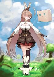 1girl :d ahoge belt blurry brown_corset brown_hair cleavage_cutout cloak clothing_cutout cloud cloudy_sky corset depth_of_field dual_persona feather_hair_ornament feathers field flower friend_(nanashi_mumei) grass hair_ornament hairclip highres hololive hololive_english hood hood_up hooded_cloak kneehighs legs_together long_hair multicolored_hair mumei_(song)_(hololive) nanashi_mumei nanashi_mumei_(1st_costume) open_mouth outdoors outstretched_arms panpanmc4 pleated_skirt ponytail red_skirt shirt single_kneehigh single_sock single_thighhigh skirt sky smile socks streaked_hair thighhighs tree very_long_hair virtual_youtuber white_shirt