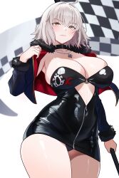 Rule 34 | 1girl, absurdres, ahoge, bamboo tac, black leotard, breasts, cleavage, closed mouth, cowboy shot, fate/grand order, fate (series), flag, fur-trimmed jacket, fur trim, grey hair, highres, holding, holding flag, jacket, jeanne d&#039;arc alter (fate), jewelry, large breasts, leotard, looking at viewer, necklace, race queen, short hair, simple background, solo, thighs, white background, yellow eyes, zipper