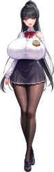 1girl :d absurdres arm_at_side arm_up black_hair black_pantyhose black_shoes black_skirt blunt_bangs bow bowtie breasts chichizaki_momina cleavage derauea diagonal-striped_bow diagonal-striped_bowtie diagonal-striped_clothes full_body game_cg high_ponytail highres huge_breasts light_blush long_hair long_sleeves looking_at_viewer motto!_haramase!_honoo_no_oppai_isekai_oppai_bunny_gakuen! non-web_source official_art open_mouth pantyhose pleated_skirt ponytail ponytail_with_braided_base purple_eyes red_bow red_bowtie school_uniform shirt shoes sidelocks skirt smile solo standing star_(symbol) star_in_eye striped_clothes symbol_in_eye tachi-e tall_female transparent_background white_shirt