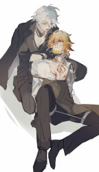 2boys absurdres apron black_gloves black_jacket black_pants black_shirt black_shoes blue_eyes brown_apron cake cake_slice food gloves grey_hair half_gloves highres holding holding_cake holding_food honkai:_star_rail honkai_(series) jacket looking_at_another male_focus medium_hair mississipping multiple_boys mydei_(honkai:_star_rail) official_alternate_costume open_mouth orange_eyes orange_hair pants parted_lips phainon_(fashion)_(honkai:_star_rail) phainon_(honkai:_star_rail) shirt shoes short_hair simple_background teeth white_background white_shirt