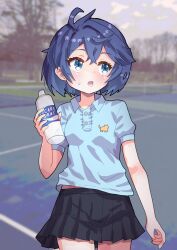 1girl ahoge black_skirt blue_eyes blue_hair blue_shirt bottle breasts collared_shirt commentary_request cowboy_shot highres holding holding_bottle looking_to_the_side midriff_peek miniskirt open_mouth partial_commentary pleated_skirt pocari_sweat polo_shirt princess_connect! sheffy_(princess_connect!) sheffy_(real)_(princess_connect!) shirt short_hair short_sleeves skirt small_breasts solo standing syalm
