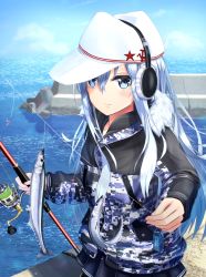 1girl blue_jacket blue_sky camouflage camouflage_jacket cloud day earmuffs fish fishing fish_hook fishing_line fishing_rod flat_cap fusou_(fuso0205) hammer_and_sickle hat hibiki_(kancolle) highres holding holding_fishing_rod jacket kantai_collection long_sleeves ocean official_alternate_costume outdoors pier saury silver_hair sky smile solo star_(symbol) verniy_(kancolle) verniy_(saury_festival)_(kancolle) white_hat