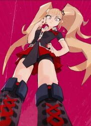 1girl bear_hair_ornament bike_shorts_under_skirt black_necktie black_shorts blonde_hair blurry boots bow breasts danganronpa_(series) danganronpa_2:_goodbye_despair enoshima_junko from_below frown geniski66 grey_eyes hair_ornament hand_on_own_hip highres long_hair loose_necktie medium_breasts miniskirt nail_polish necktie red_background red_bow red_nails red_skirt shirt_bow shorts skirt solo twintails two-tone_necktie upskirt very_long_hair white_necktie