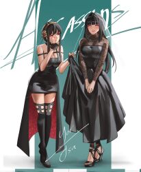 2girls black_boots black_dress black_gloves black_hair blush boots breasts character_name cleavage closed_eyes color_connection commentary crossover dress english_commentary english_text female_focus fingerless_gloves full_body gloves gold_hairband green_background grey_eyes hair_color_connection hair_ornament hairband hayami_saori highres hime_cut long_hair multiple_girls notgustiarp osaragi_(sakamoto_days) red_eyes sakamoto_days short_hair_with_long_locks sidelocks simple_background smile spy_x_family trait_connection two-tone_background veil voice_actor_connection white_background yor_briar