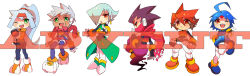 Rule 34 | 2girls, 4boys, aeolus (mega man), ahoge, angry, ashe (mega man), atlas (mega man), belt, black legwear, blue hair, blush, capcom, chibi, fang, fingerless gloves, full body, gloves, green eyes, grey (mega man), grey hair, hair between eyes, hair over one eye, headgear, high ponytail, leg up, long hair, mega man (series), mega man zx, mega man zx advent, multicolored hair, multiple boys, multiple girls, one eye closed, open mouth, orange hair, pants, ponytail, purple hair, red eyes, sakuraba (cerisier x), scarf, shoes, short hair, shorts, siarnaq (mega man), sidelocks, simple background, spiked hair, standing, text focus, thetis (mega man), white background, wink