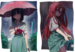 2girls aozora_middle_school_uniform asymmetrical_bangs bag belt blue_hair blunt_bangs blunt_ends bob_cut eru green_belt green_sailor_collar green_skirt hair_between_eyes holding holding_bag holding_umbrella long_hair looking_at_another multiple_girls orange_eyes precure purple_eyes rain red_hair red_umbrella sailor_collar sailor_shirt school_uniform shiratori_yuriko shirt short_sleeves skirt takizawa_asuka tropical-rouge!_precure umbrella white_shirt