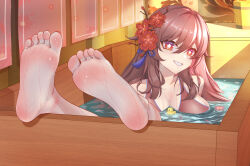 1girl absurdres barefoot bath bathing brown_eyes brown_hair feet genshin_impact grin highres hu_tao_(genshin_impact) long_hair looking_at_viewer rubber_duck smile soles toes wet ylic
