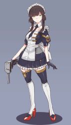 Rule 34 | 1girl, adapted costume, adapted turret, alternate costume, apron, black dress, black hair, black necktie, black thighhighs, blunt sidelocks, boushi-ya, dress, enmaided, freckles, full body, green eyes, grey background, highres, kantai collection, long hair, looking at viewer, maid, maid headdress, mogador (kancolle), necktie, sidelocks, simple background, solo, thighhighs, white apron