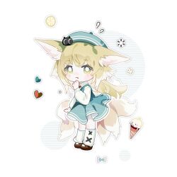 1girl 20000212open alternate_costume animal_ear_fluff animal_ears arknights beret blonde_hair blue_dress blue_hat blush bright_pupils brown_footwear chibi chinese_commentary collared_shirt colored_tips commentary_request creature_on_head crossover dress flying_sweatdrops food fox_ears fox_girl fox_tail fruit green_eyes hat heart heixiu highres ice_cream kitsune kyuubi lemon lemon_slice long_hair luo_xiaohei_zhanji multicolored_hair multiple_tails parted_lips pinafore_dress sample_watermark shirt sleeveless sleeveless_dress socks solo suzuran_(arknights) tail watermark white_hair white_pupils white_shirt white_socks