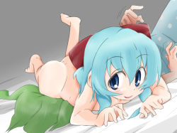 2girls :d ase_(nigesapo) ass barefoot blue_eyes blue_hair cirno daiyousei dimples_of_venus dress green_hair highres hip_bones hip_focus loli lying multiple_girls naughty_face nude on_back on_stomach open_mouth sitting sitting_on_face sitting_on_person smile smother solo_focus the_pose touhou twitching yuri