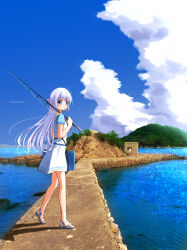 Rule 34 | 1girl, blue eyes, blue sky, blue sleeves, cloud, commentary request, cumulonimbus cloud, day, dress, eyebrows hidden by hair, fishing rod, floating hair, frilled dress, frills, from side, full body, gomasho asuka, hair between eyes, hand up, highres, holding, holding fishing rod, island, long hair, looking at viewer, naruse shiroha, ocean, outdoors, over shoulder, parted lips, photo background, short dress, short sleeves, sky, solo, standing, straight hair, summer, summer pockets, twitter username, very long hair, white dress, white hair, wind