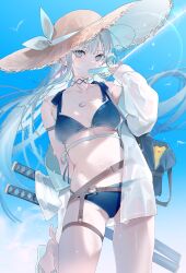 1girl bikini bird blue_bikini blue_eyes blue_sky breasts choker collarbone commentary_request cowboy_shot day food food_in_mouth grey_hair hat highres holding holding_food holding_popsicle leg_up lens_flare long_hair looking_at_viewer miwano_rag multiple_swords navel open_clothes open_shirt original popsicle popsicle_in_mouth sandals scabbard sheath shirt sky small_breasts solo straw_hat swimsuit sword weapon white_shirt wind