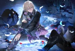 1boy absurdres ameinu bird black_feathers black_pants blonde_hair blue_eyes feathers flower hair_between_eyes hand_on_own_knee highres jewelry knee_up long_sleeves male_focus original pants petals puffy_long_sleeves puffy_sleeves shirt short_hair sitting smile solo swan water